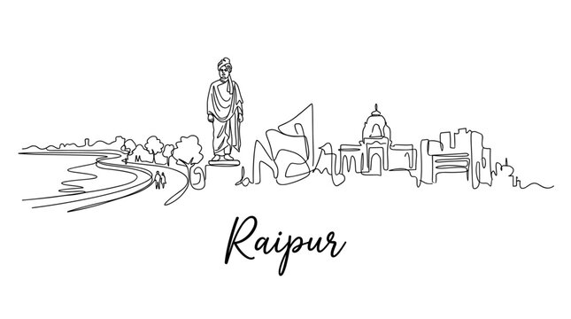 Minimalist Raipur India city skyline with Vivekananda statue continuous line vector illustration