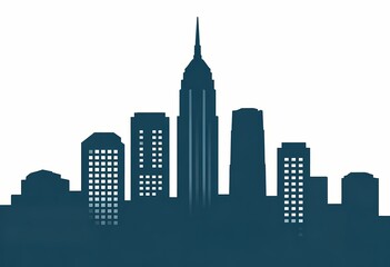 Obraz premium minimalist vector illustration of a city skyline silhouette in a monochromatic deep teal blue. The skyscrapers feature varied geometric designs with clean lines and stylized window patterns.