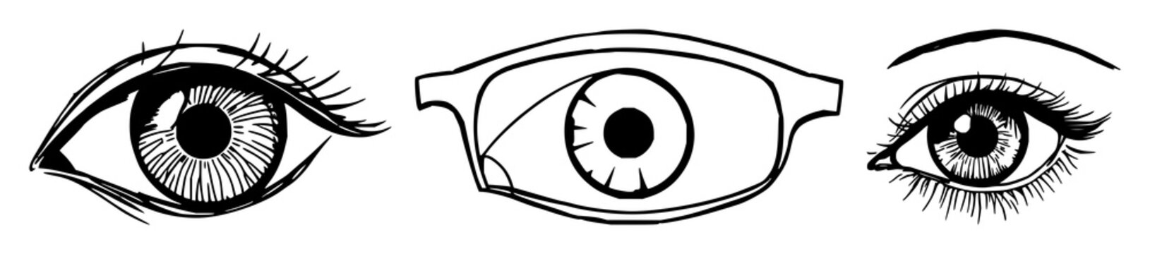 Antique glass eye set with black line art design featuring iris, pupil, sclera with reflection and highlight details