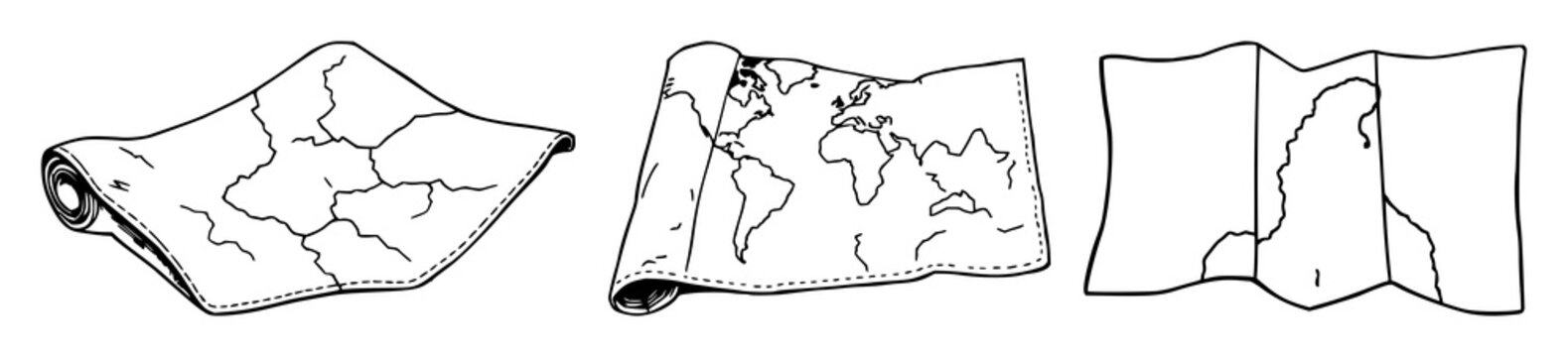 Folded leather map set with black line art design featuring routes, topography, cartography with travel and discovery elements