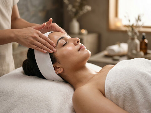 indian woman receiving facial massage in spa with glowing skin and relaxed expression in premium beauty setting
