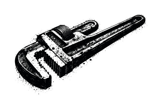 A heavy industrial pipe wrench shown in three-quarter perspective, angled so the adjustable jaw and long handle dominate the frame, filling most of