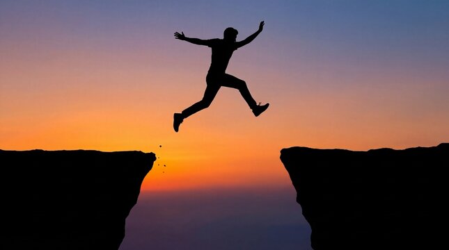 Person Jumping Across a Gap at Dusk with a Vibrant Orange and Purple Sky