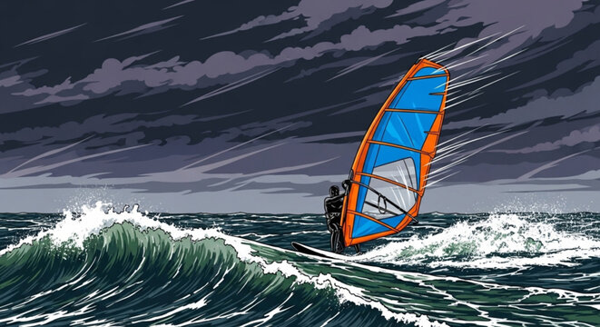 Professional vector illustration of windsurfer battling massive ocean waves during intense stormy weather with dark ominous clouds and high wind