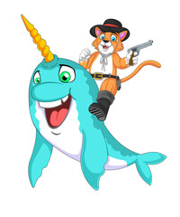 Funny ginger cat cowboy riding a narwhal, cute kitten sheriff on unicorn of the sea, whimsical western cartoon illustration © Totu Tayo