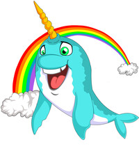 Happy narwhal in space with rainbow and stars, cute unicorn of the sea swimming in galaxy, whimsical magic marine animal cartoon illustration © Totu Tayo