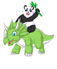 Funny Panda Riding Triceratops Dinosaur Holding Bamboo, Cute Prehistoric Adventure Cartoon Mascot © Totu Tayo