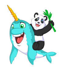 Funny Panda Riding Narwhal Under the Sea Holding Bamboo, Cute Ocean Adventure Cartoon Mascot © Totu Tayo