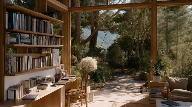 Digital detox cabin interior, bookshelf full, board games stacked, no screens visible anywhere, off-grid sanctuary for reconnection with analog activities, ideal for screen-free retreat and