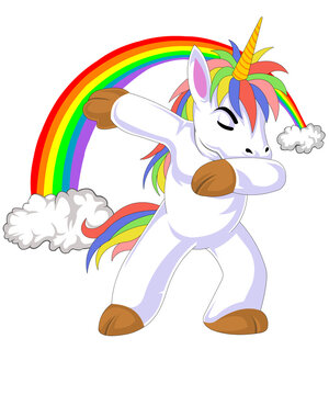 Funny dabbing unicorn in space, cute magical pony doing dab dance with rainbow and stars, cosmic fantasy cartoon illustration
