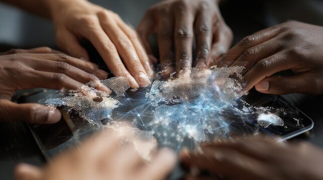 Diverse hands on tablet securing data network, fingers hover over map overlaid with encrypted lines and nodes, tense focused atmosphere suggests protection, risk management and collaborative