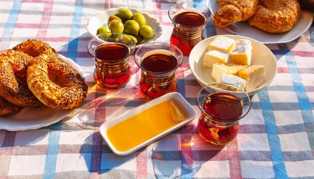 Turkish breakfast spread presenting simit, cheese, olives, and tea