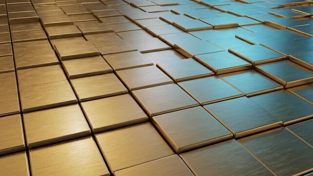 A textured metallic surface composed of numerous raised and lowered cubes with a gradient of light and shadow