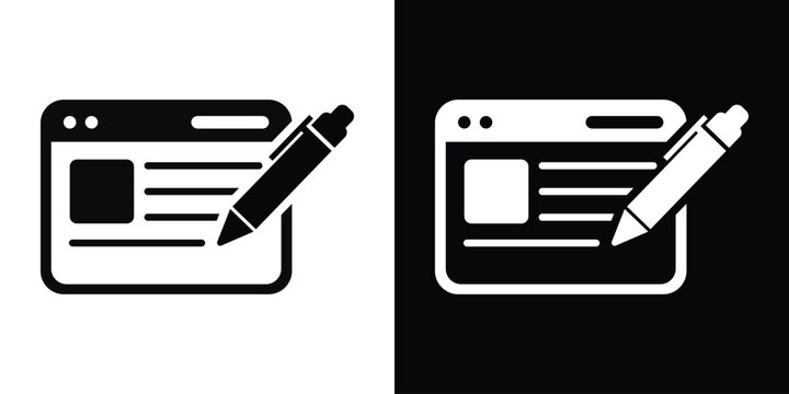 Vector illustration of a web browser window with a pencil, symbolizing website design, online content editing, blogging, and interface development in flat black and white styles.