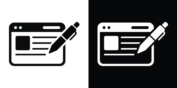 Vector illustration of a web browser window with a pencil, symbolizing website design, online content editing, blogging, and interface development in flat black and white styles.