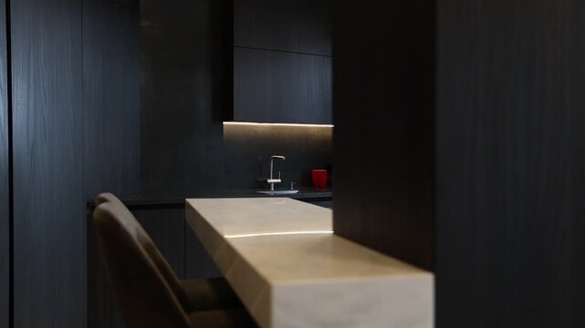 Contemporary culinary nook with stonework and elegant accents