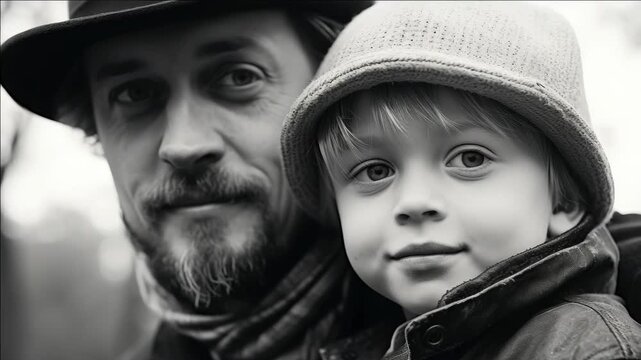 Heartwarming black-and-white father and child portrait. Gentle eyes meet the camera with quiet affection. Soft hats frame their close, tender connection