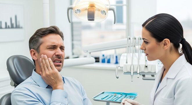 A dentist examines a patient in a dental office. The man, appearing to be in his 40s, is clutching his jaw in pain and expressing distress.