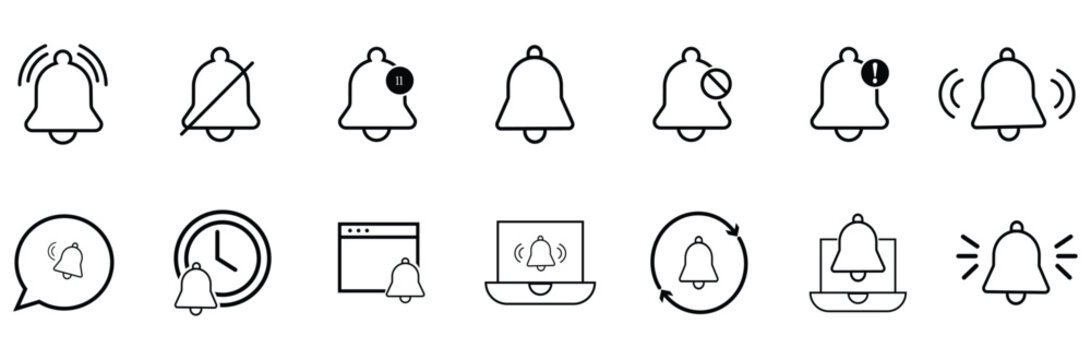 Web Notification bell line icons set
Alert reminder outline symbols collection
Bell notification vector icons pack