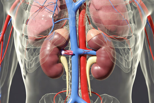 This image depicts a human anatomy rendering of the kidneys and their associated blood vessels, highlighting the circulatory system.