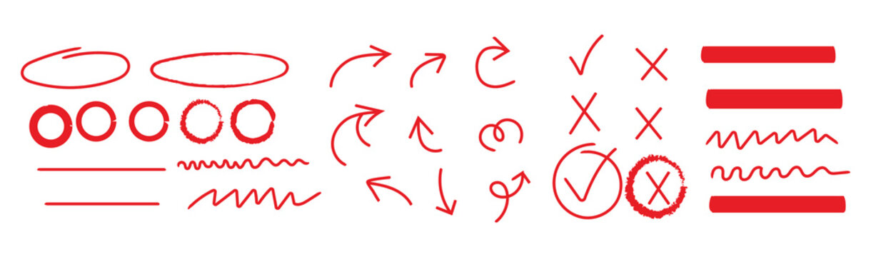 Arrow, circle, underline marker hand pen set.  Line red hand drawn pen marker stroke underline, arrow, check mark emphasis. Doodle check, cross, star oval round icon sign symbol texture rough. Vector 