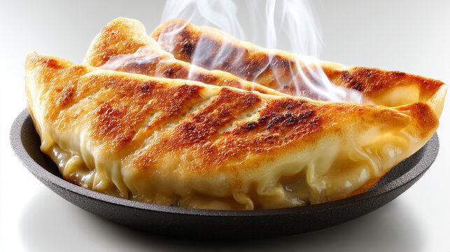 A delicious calzone in a black pan on a white surface