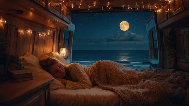 Sleep inside van by the ocean under the full moon with glowing lights and a cozy atmosphere at night