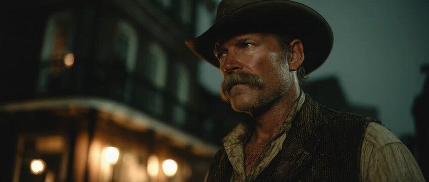 Man in cowboy hat stands in a town at night while street lights shine in the background and shadows move around him