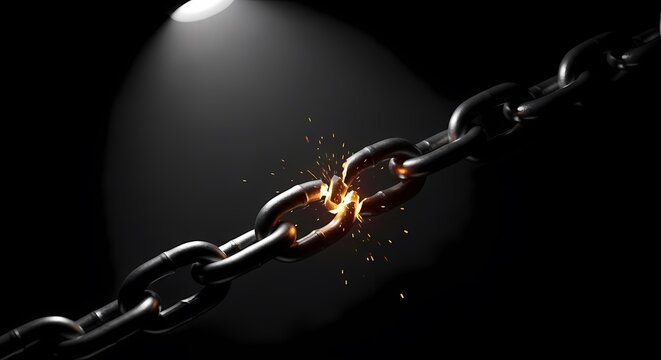 Broken metal chain link with sparks on black background