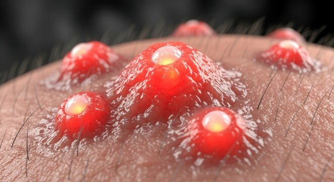 Close-up view of inflamed human skin with multiple red pustules and bumps, indicating a severe skin infection or dermatological condition.