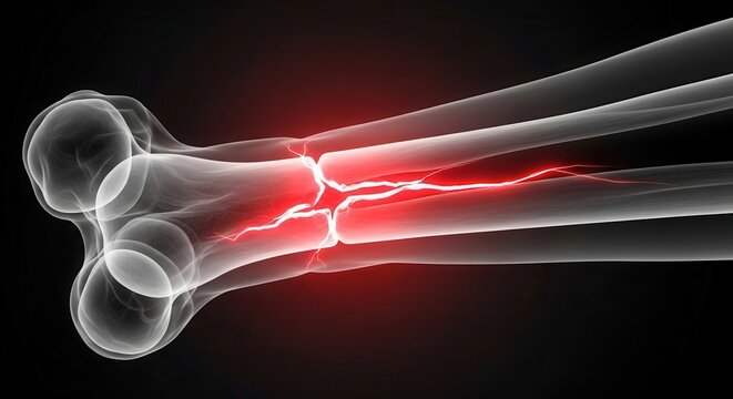 X-ray visualization of a fractured human bone with a painful red highlight, depicting a medical injury.