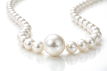 Obraz premium A stunning graduated white pearl necklace with a large central pearl, set against a clean white background with soft reflections.