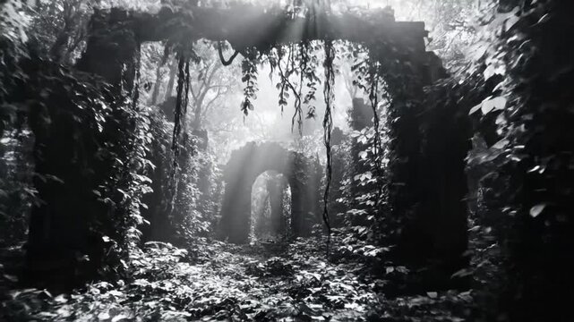 Mysterious cinematic journey through ancient ruins in a dark rainforest, atmospheric exploration