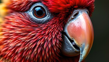 The image features a close up of a bird's head, highlighting its vibrant red feathers that cover most of its face