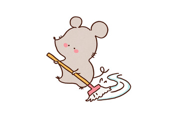 Fototapeta premium Cute mouse working hard to clean the floor with a mop, housework concept