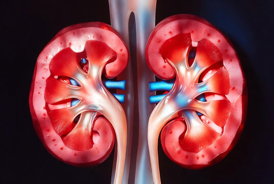 Two human kidneys are displayed, illustrating their internal structure and vascular system.