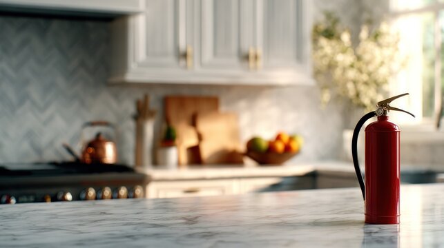 Red fire extinguisher on marble kitchen counter with blurred modern home interior background