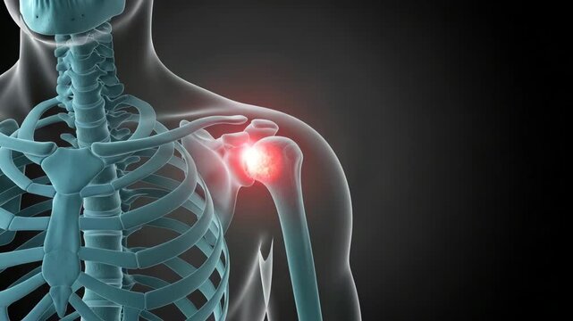 Anatomical view of human shoulder joint with red pain indicator