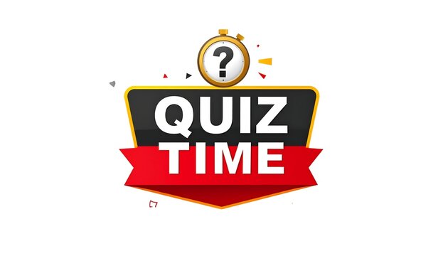 Colorful graphic featuring "QUIZ TIME" text on a banner, with a stopwatch icon above. Bright elements frame the text