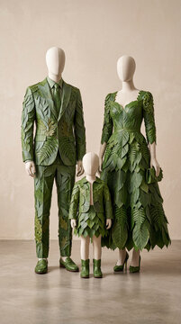 Sustainable fashion concept with faceless mannequin family wearing elegant clothing made of green leaves, symbolizing eco lifestyle, ethical business, environmental awareness, responsible consumption