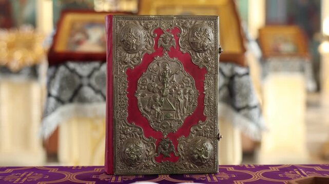Ceremony scene with illuminated icons and ceremonial preparations