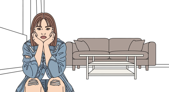 Young woman sitting on floor and looking contemplative in living room  