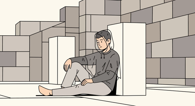 Young man sitting in a minimalist room with a thoughtful expression  