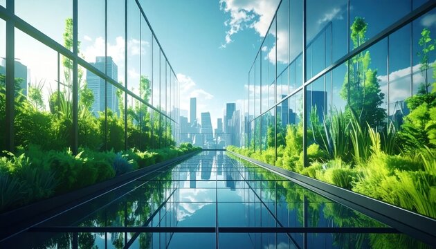 Modern Glass Greenhouse with Cityscape View.
