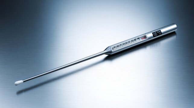 Close-up shot of a gleaming digital thermometer probe with a long, sharp point, ideal for precise temperature measurements.