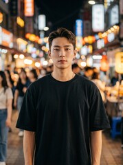 Fototapeta premium Korean Man Loose Black T-shirt Night Market Bokeh Mockup