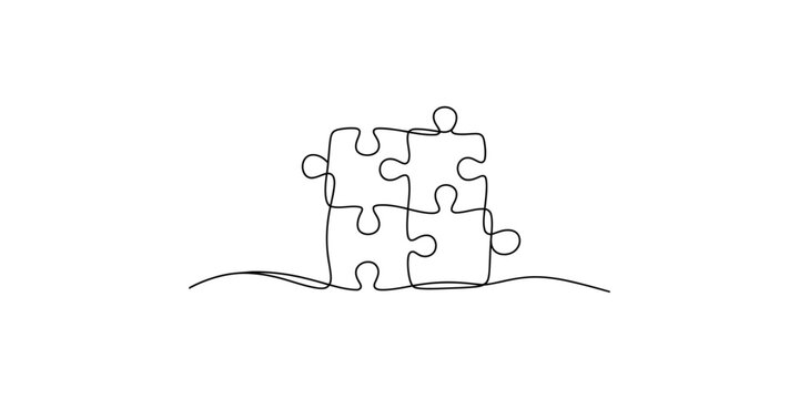 Simple line drawing of four connected puzzle pieces on white background jigsaw outline black and
