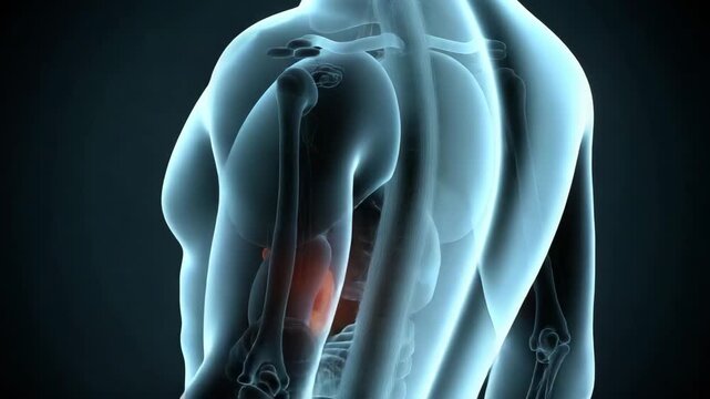 Human elbow joint x-ray showing muscles and glowing red pain point