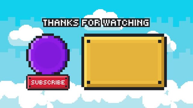 Retro pixel end card with single panel and subscribe button minimal thanks for watching layout sky background Prores 4K 60fps