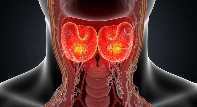 3D rendering of the human thyroid gland in the neck, glowing red and yellow, illustrating its anatomical position and potential activity or inflammation.